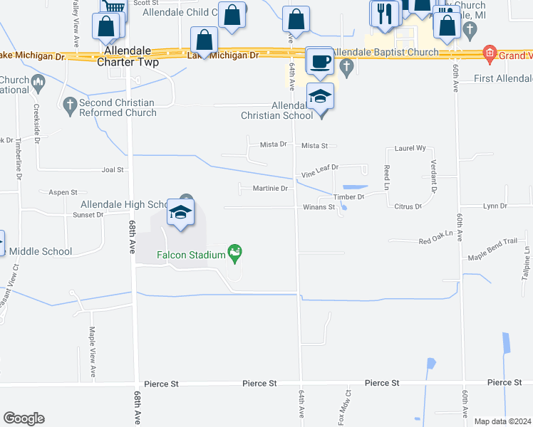 map of restaurants, bars, coffee shops, grocery stores, and more near 6472 Winans Street in Allendale Charter Township