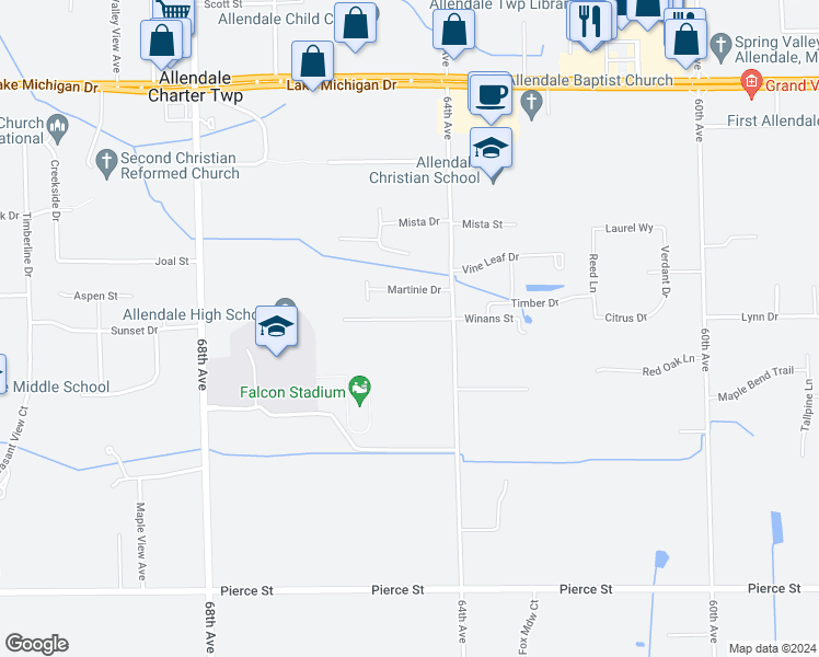 map of restaurants, bars, coffee shops, grocery stores, and more near 6470 Winans Street in Allendale Charter Township