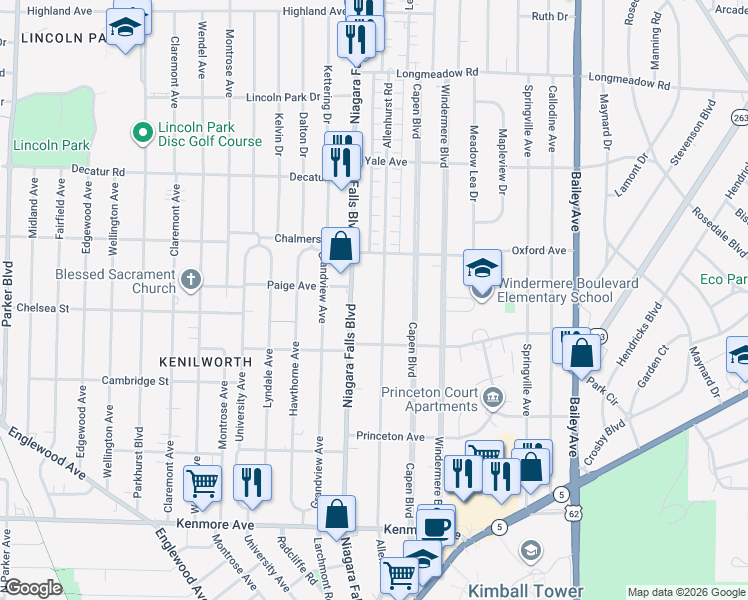 map of restaurants, bars, coffee shops, grocery stores, and more near 356 Allenhurst Road in Buffalo