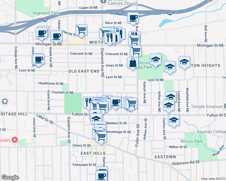 map of restaurants, bars, coffee shops, grocery stores, and more near 1035 Fountain Street Northeast in Grand Rapids
