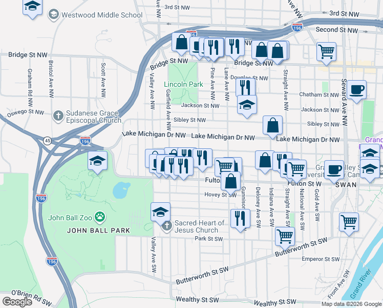 map of restaurants, bars, coffee shops, grocery stores, and more near 109 Marion Avenue Southwest in Grand Rapids