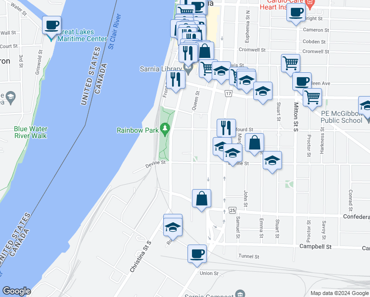 map of restaurants, bars, coffee shops, grocery stores, and more near 217 Queen Street in Sarnia