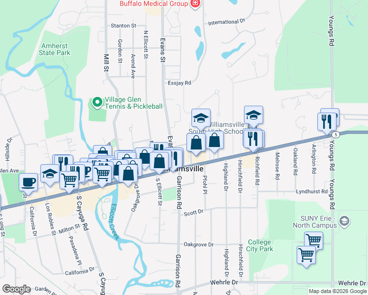 map of restaurants, bars, coffee shops, grocery stores, and more near 144 Eagle Street in Buffalo