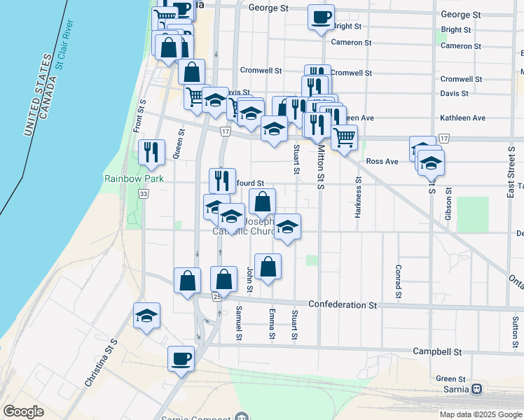 map of restaurants, bars, coffee shops, grocery stores, and more near 237 Talfourd Street in Sarnia