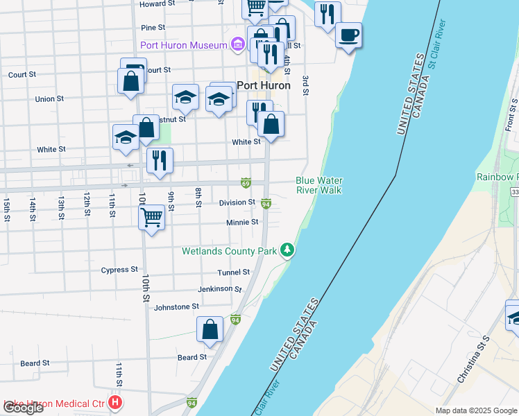 map of restaurants, bars, coffee shops, grocery stores, and more near 1723 Military Street in Port Huron