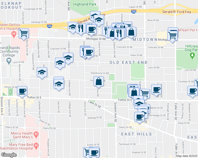 map of restaurants, bars, coffee shops, grocery stores, and more near 720 Hawthorne Street Northeast in Grand Rapids