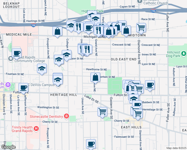 map of restaurants, bars, coffee shops, grocery stores, and more near 635 Hawthorne Street Northeast in Grand Rapids