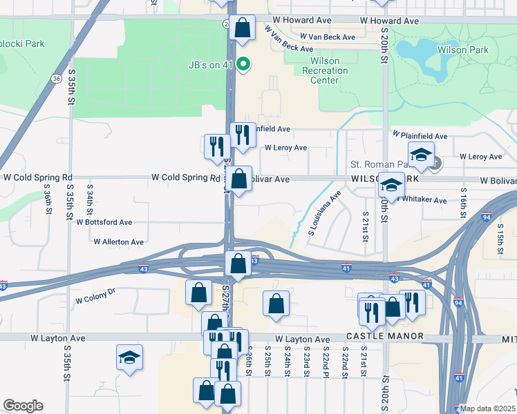 map of restaurants, bars, coffee shops, grocery stores, and more near 2513 West Bolivar Avenue in Milwaukee