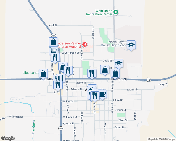 map of restaurants, bars, coffee shops, grocery stores, and more near 198 Madison St in West Union