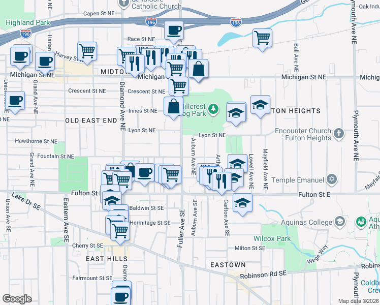 map of restaurants, bars, coffee shops, grocery stores, and more near 132 Fuller Avenue Northeast in Grand Rapids