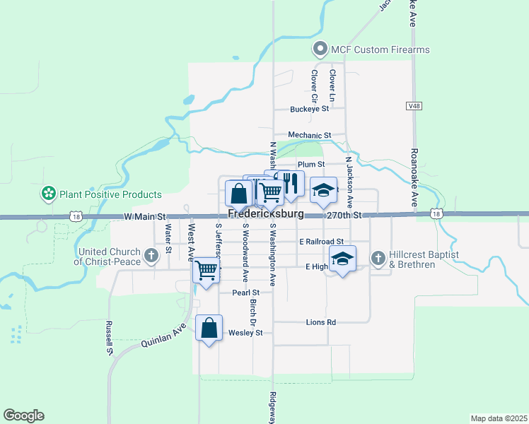 map of restaurants, bars, coffee shops, grocery stores, and more near 111 West Main Street in Fredericksburg