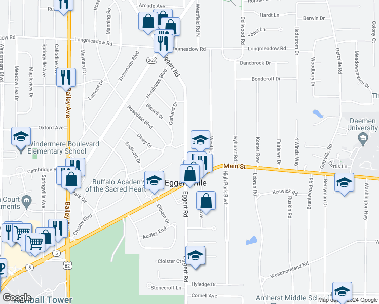 map of restaurants, bars, coffee shops, grocery stores, and more near 1353 Eggert Road in Buffalo
