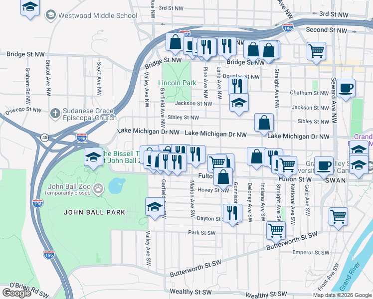 map of restaurants, bars, coffee shops, grocery stores, and more near 1108 California Street Northwest in Grand Rapids