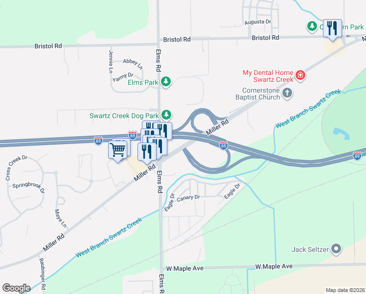 map of restaurants, bars, coffee shops, grocery stores, and more near Interstate 69 in Swartz Creek