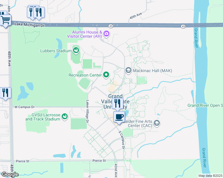 map of restaurants, bars, coffee shops, grocery stores, and more near 10801 North Campus Drive in Allendale