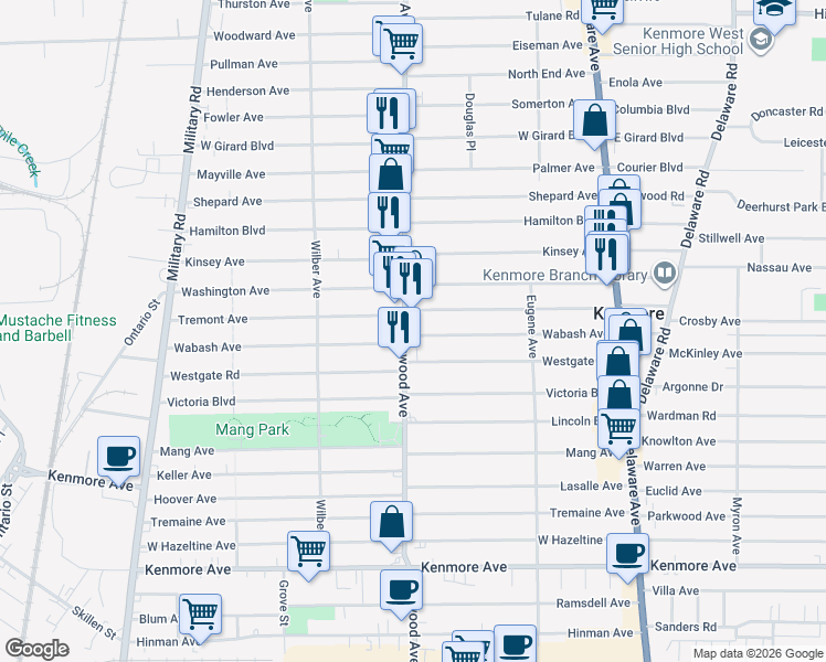 map of restaurants, bars, coffee shops, grocery stores, and more near 2516 Elmwood Avenue in Kenmore
