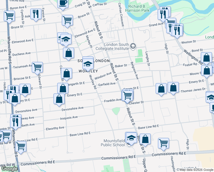 map of restaurants, bars, coffee shops, grocery stores, and more near 28 Garfield Avenue in London