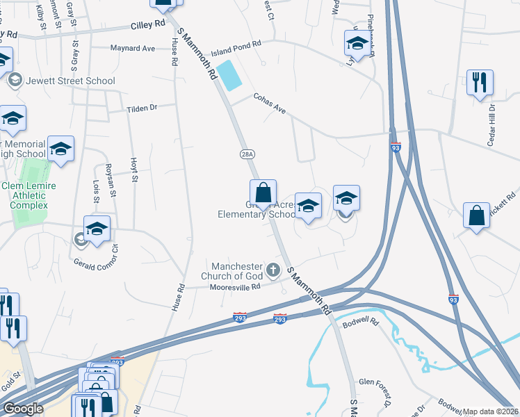 map of restaurants, bars, coffee shops, grocery stores, and more near 25 Pratt Court in Manchester