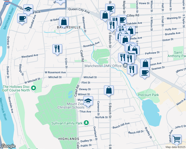 map of restaurants, bars, coffee shops, grocery stores, and more near 178 Mitchell Street in Manchester