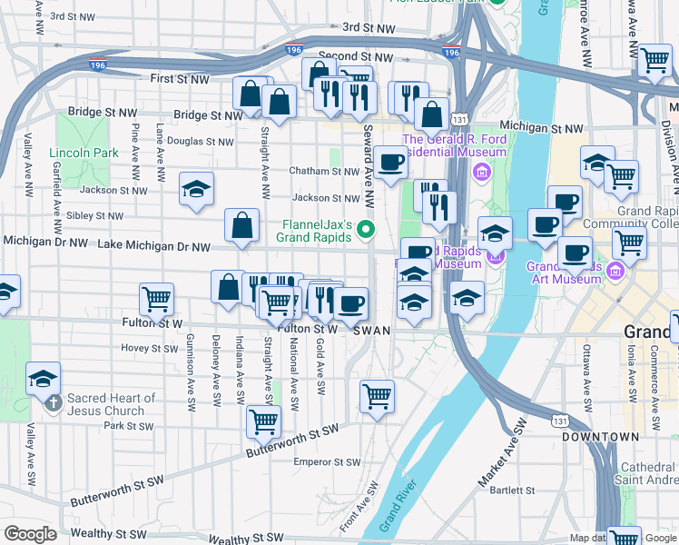 map of restaurants, bars, coffee shops, grocery stores, and more near 648 Lake Michigan Drive Northwest in Grand Rapids