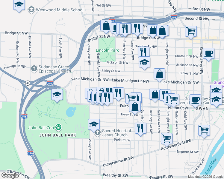 map of restaurants, bars, coffee shops, grocery stores, and more near 109 Marion Avenue Southwest in Grand Rapids