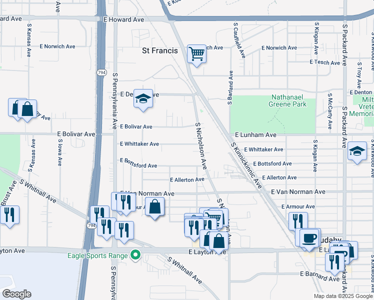 map of restaurants, bars, coffee shops, grocery stores, and more near 2926 East Whittaker Avenue in Saint Francis