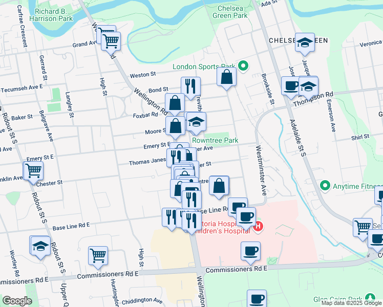 map of restaurants, bars, coffee shops, grocery stores, and more near 713 Whetter Avenue in London