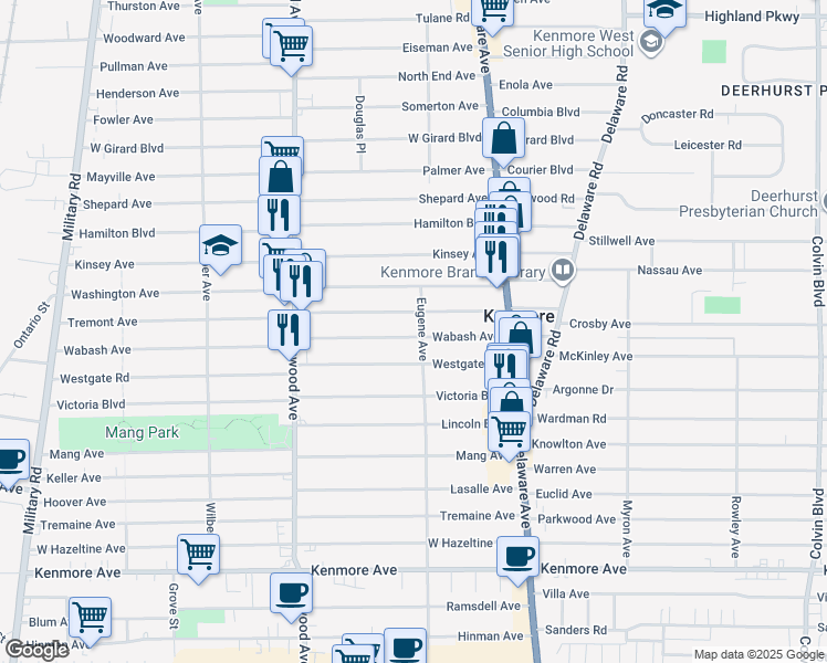 map of restaurants, bars, coffee shops, grocery stores, and more near 97 Wabash Avenue in Kenmore