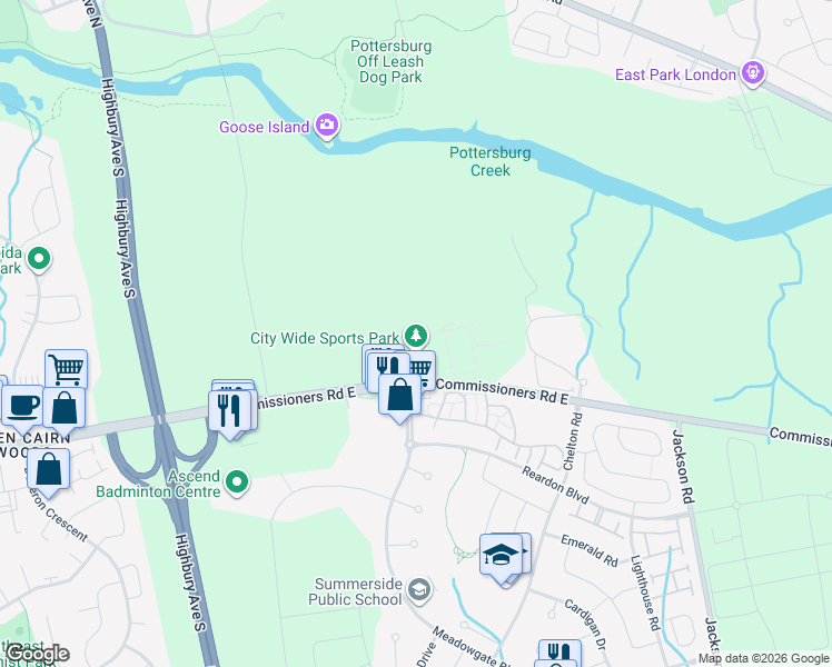 map of restaurants, bars, coffee shops, grocery stores, and more near 1510 Commissioners Road East in London