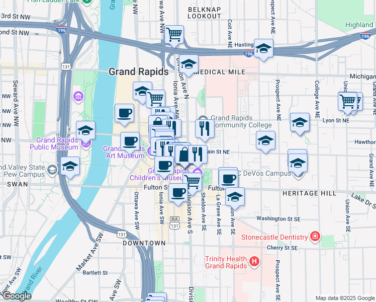 map of restaurants, bars, coffee shops, grocery stores, and more near 101 South Division Avenue in Grand Rapids