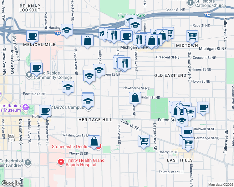 map of restaurants, bars, coffee shops, grocery stores, and more near 127 Union Avenue Southeast in Grand Rapids