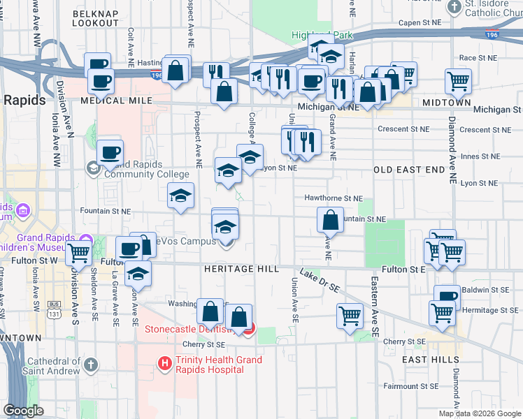 map of restaurants, bars, coffee shops, grocery stores, and more near 127 Campbell Place Northeast in Grand Rapids
