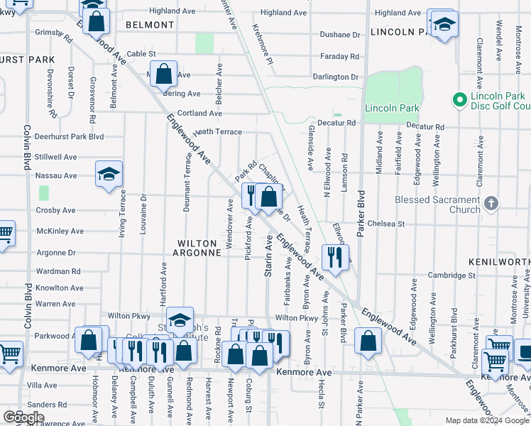 map of restaurants, bars, coffee shops, grocery stores, and more near 697 Englewood Avenue in Buffalo