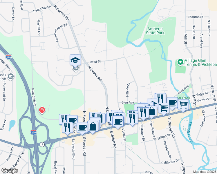 map of restaurants, bars, coffee shops, grocery stores, and more near 173 North Union Road in Buffalo