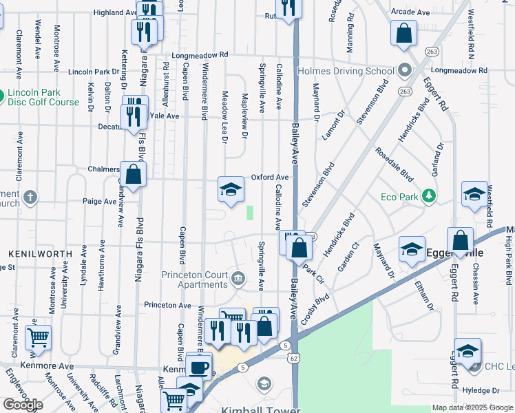 map of restaurants, bars, coffee shops, grocery stores, and more near 264 Springville Avenue in Buffalo