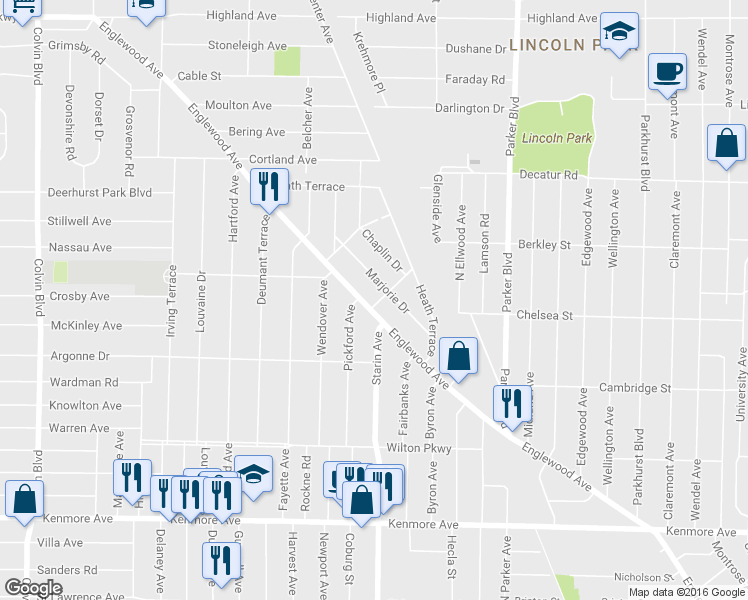 map of restaurants, bars, coffee shops, grocery stores, and more near 719 Englewood Avenue in Buffalo