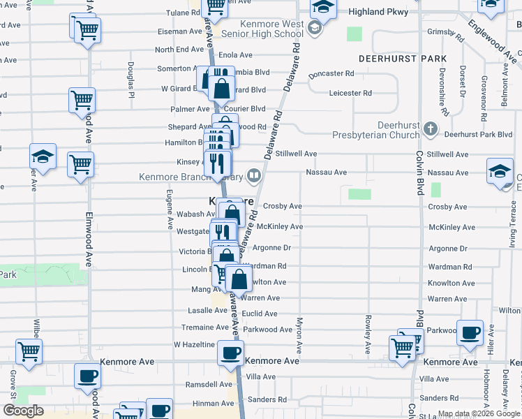 map of restaurants, bars, coffee shops, grocery stores, and more near 41 Landers Road in Kenmore