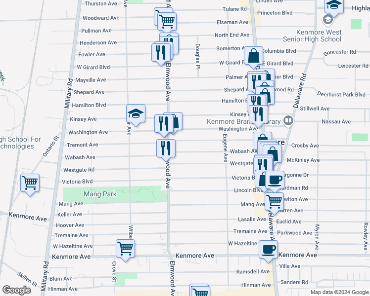 map of restaurants, bars, coffee shops, grocery stores, and more near 188 Tremont Avenue in Kenmore