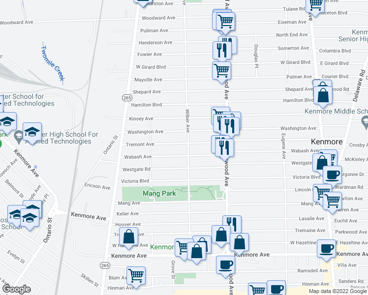 map of restaurants, bars, coffee shops, grocery stores, and more near 299 Tremont Avenue in Kenmore