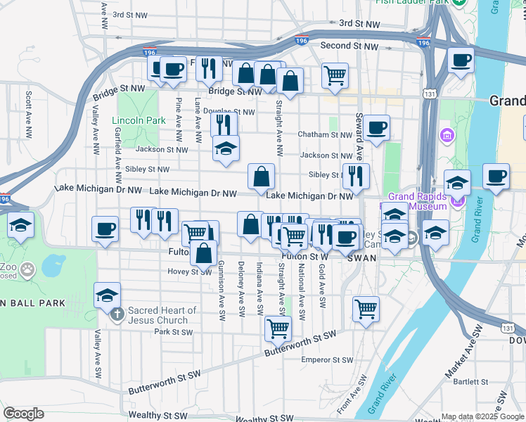 map of restaurants, bars, coffee shops, grocery stores, and more near 838 Lake Michigan Drive Northwest in Grand Rapids