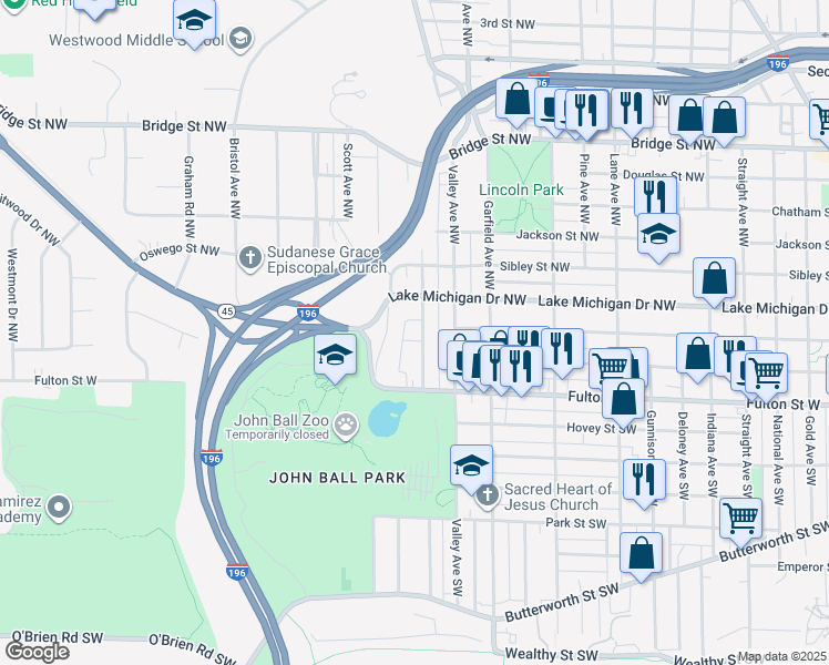 map of restaurants, bars, coffee shops, grocery stores, and more near 80 John Ball Park Drive Northwest in Grand Rapids