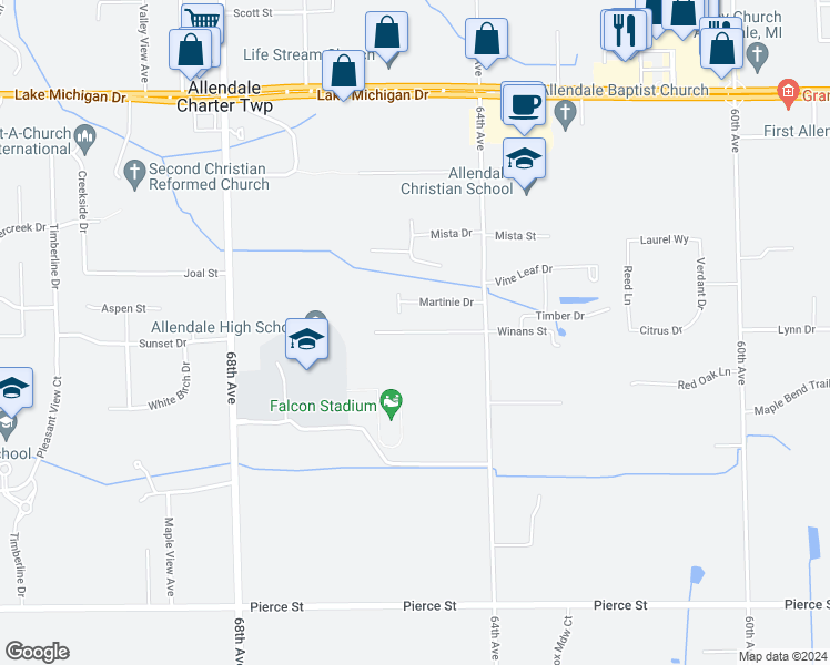 map of restaurants, bars, coffee shops, grocery stores, and more near 6527 Winans Street in Allendale Charter Township