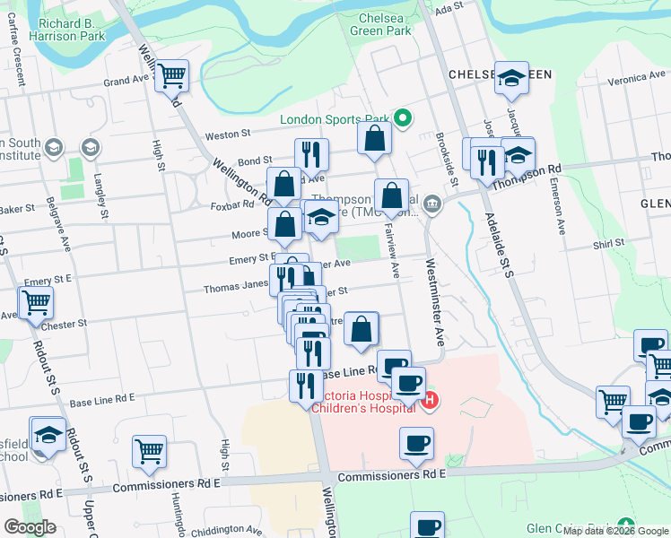 map of restaurants, bars, coffee shops, grocery stores, and more near in London