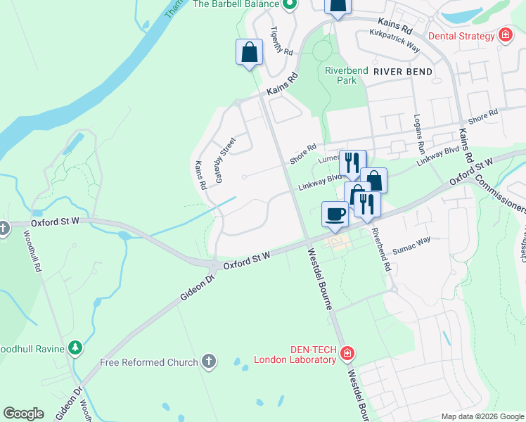 map of restaurants, bars, coffee shops, grocery stores, and more near 2129 Linkway Blvd in London