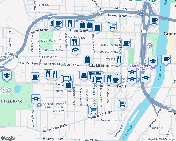 map of restaurants, bars, coffee shops, grocery stores, and more near 838 Lake Michigan Drive Northwest in Grand Rapids