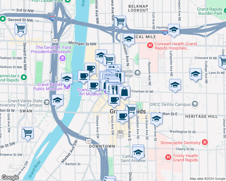map of restaurants, bars, coffee shops, grocery stores, and more near 109 Ottawa Avenue Northwest in Grand Rapids