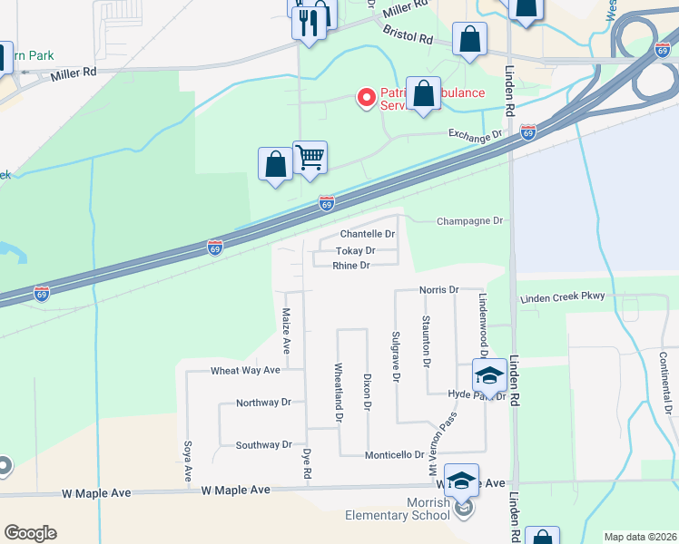 map of restaurants, bars, coffee shops, grocery stores, and more near 5176 Tokay Drive in Flint