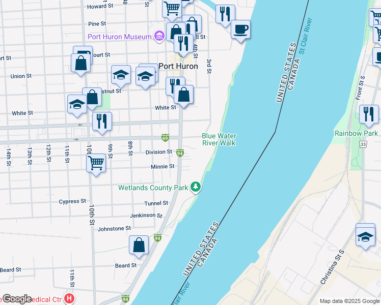 map of restaurants, bars, coffee shops, grocery stores, and more near 1726 Military Street in Port Huron