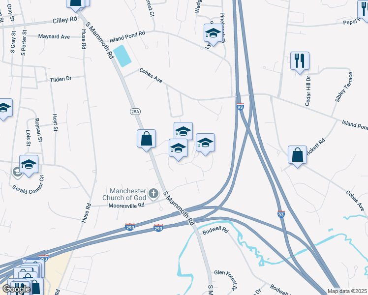 map of restaurants, bars, coffee shops, grocery stores, and more near 100 Aurore Avenue in Manchester