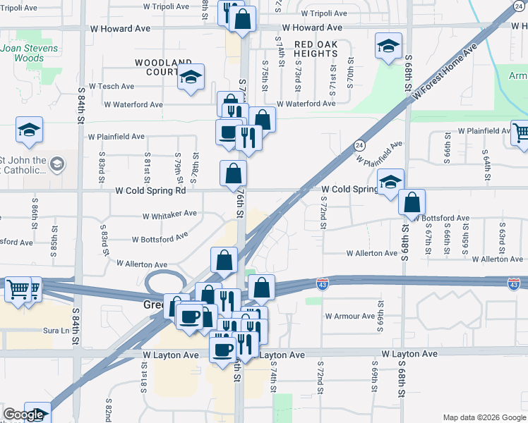 map of restaurants, bars, coffee shops, grocery stores, and more near 7434 West Forest Home Avenue in Greenfield
